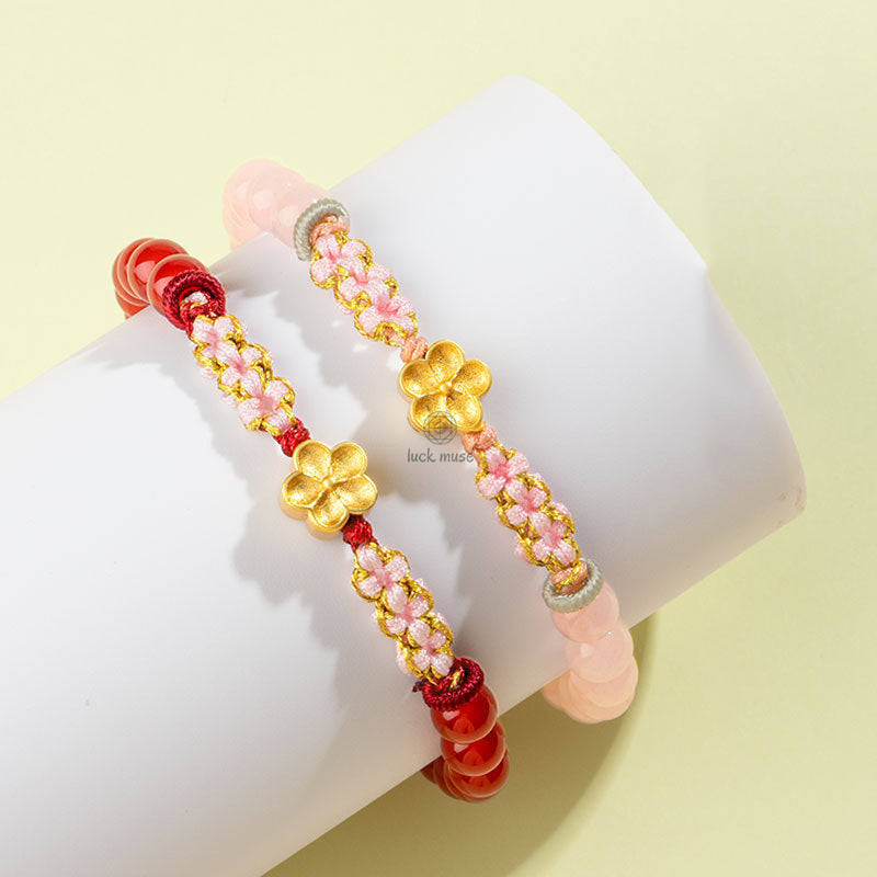 Natural Red Agate Pink Crystal Cherry Blossom Bracelet crafted with Luck Muse 999 Sterling Silver - Image 2
