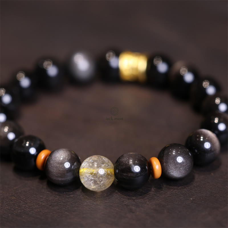 Luck Muse Silver Sheen Obsidian Om Mani Padme Hum Protection Bracelet - Image 5