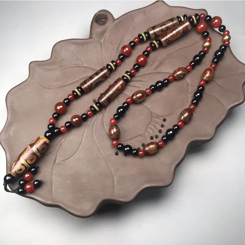 Red Agate Nine-Eye Dzi Bead Necklace for Wealth and Health