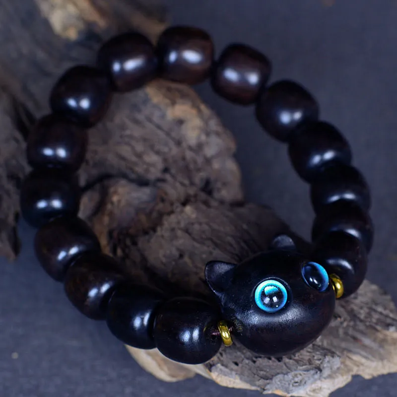Luck Muse Ebony Wood and Liuli Glass Cat Charm Bracelet - Image 17
