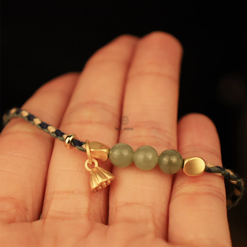 Handcrafted Hetian Jade Lotus Charm Bracelet - Luck Muse Lucky Braided Bracelet - Image 6