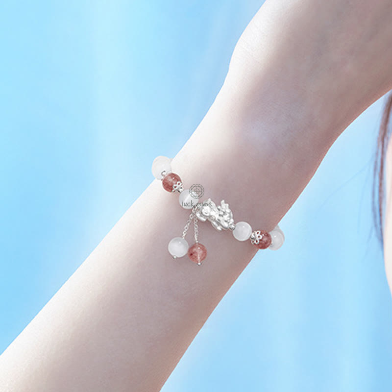 Luck Muse Cat's Eye Moonstone Strawberry Quartz PiXiu Bracelet - Image 12