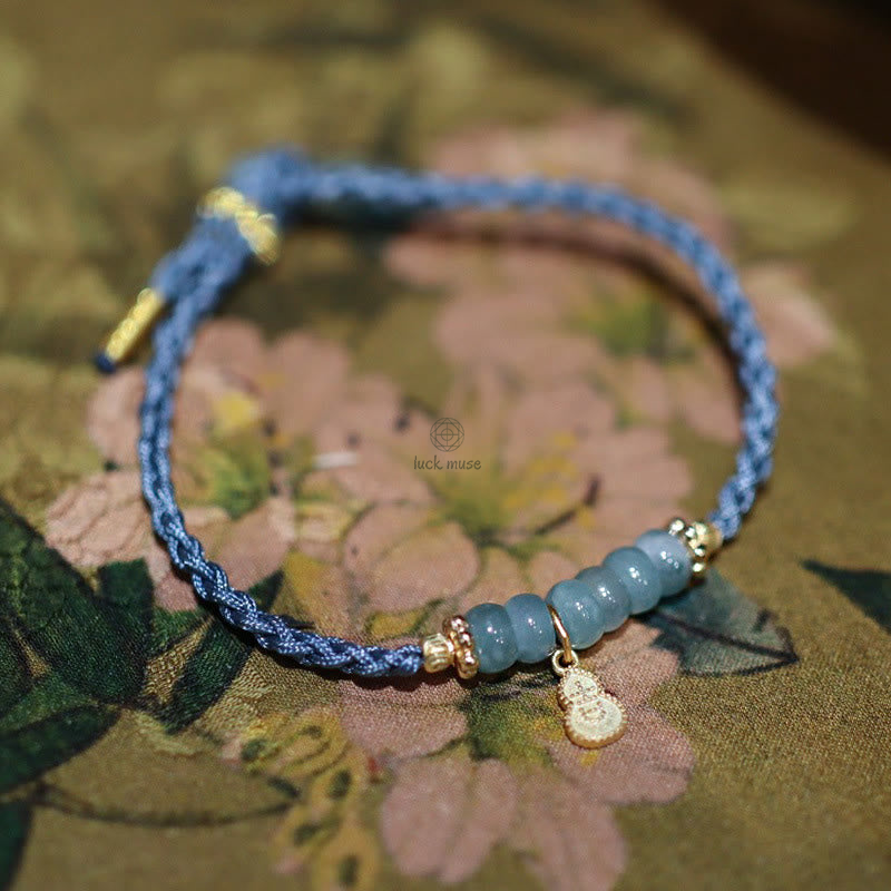 Luck Muse 925 Sterling Silver Natural Jade Gourd Rutilated Quartz Fu Character Lucky Braid Bracelet