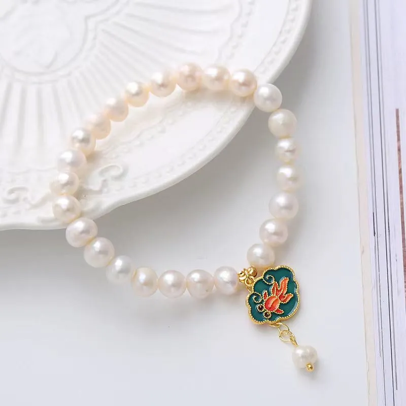 Natural Pearl Lotus Goldfish Optimism Charm Bracelet - Image 5