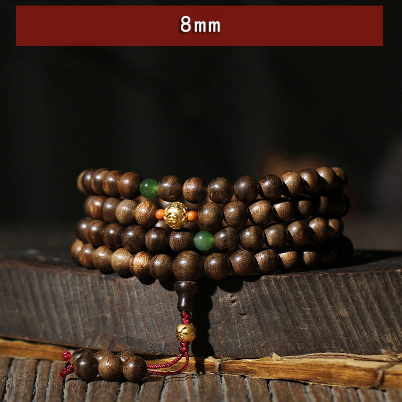 Luck Muse 999 Gold 108 Mala Beads Agarwood Cyan Jade Six Words Strength Bracelet - Image 9