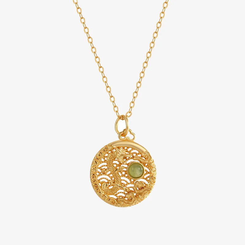 Luck Muse 925 Sterling Silver Dragon Year Hetian Jade Inlaid Necklace Pendant with Auspicious Clouds - Image 2