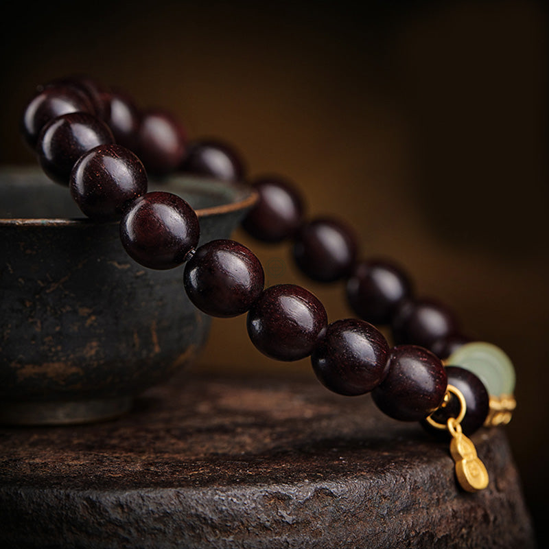 Luck Muse Small Leaf Red Sandalwood Gourd Jade Relaxation Bracelet - Image 18