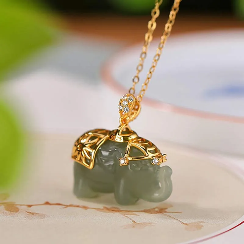 Luck Muse Jade Elephant Blessing Fortune 925 Sterling Silver Necklace Pendant - Image 4