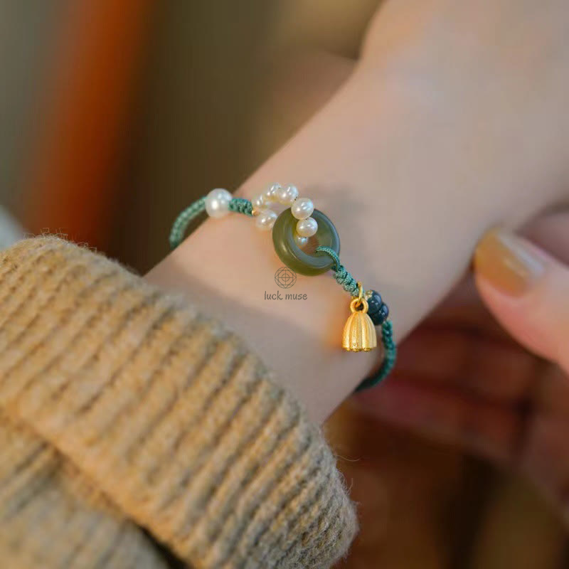 Handcrafted Hetian Jade Peace Buckle Bracelet with Natural Pearls for Luck