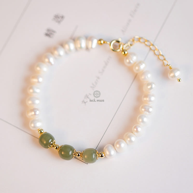 Luck Muse 14K Gold Plated Sincerity Bead Chain Bracelet with Natural Pearl, Hetian Cyan Jade, and White Jade