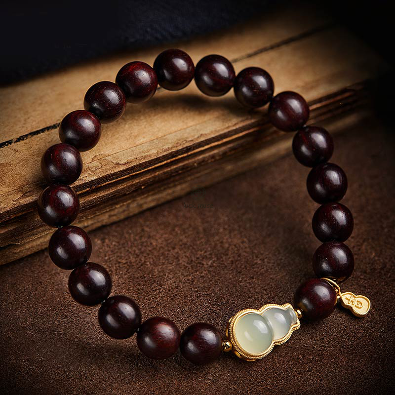 Luck Muse Small Leaf Red Sandalwood Gourd Jade Relaxation Bracelet