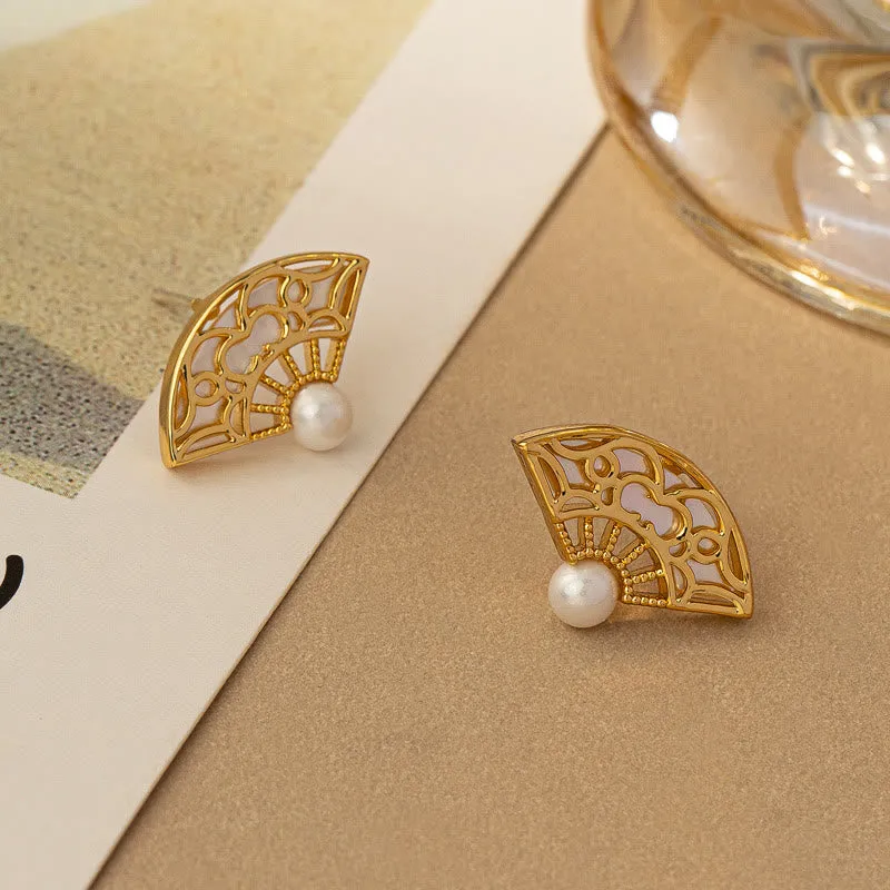 Luck Muse 925 Sterling Silver Earrings with Fan Pattern Pearl Copper Wisdom Stud Drop - Image 2