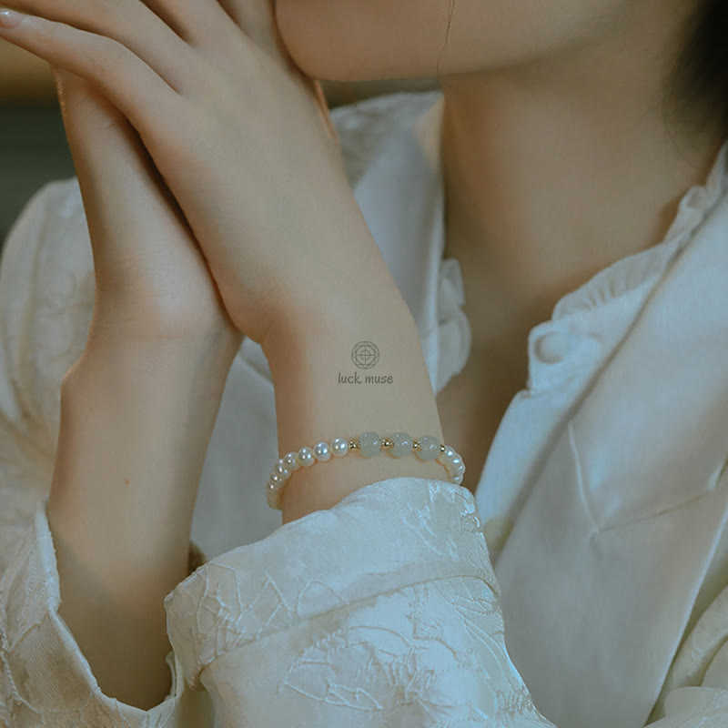 Luck Muse 14K Gold Plated Sincerity Bead Chain Bracelet with Natural Pearl, Hetian Cyan Jade, and White Jade - Image 23