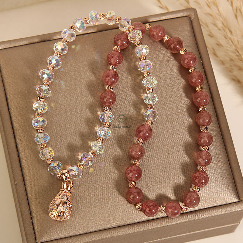 Luck Muse Strawberry Quartz & White Crystal Money Bag Charm Bracelet - Image 11