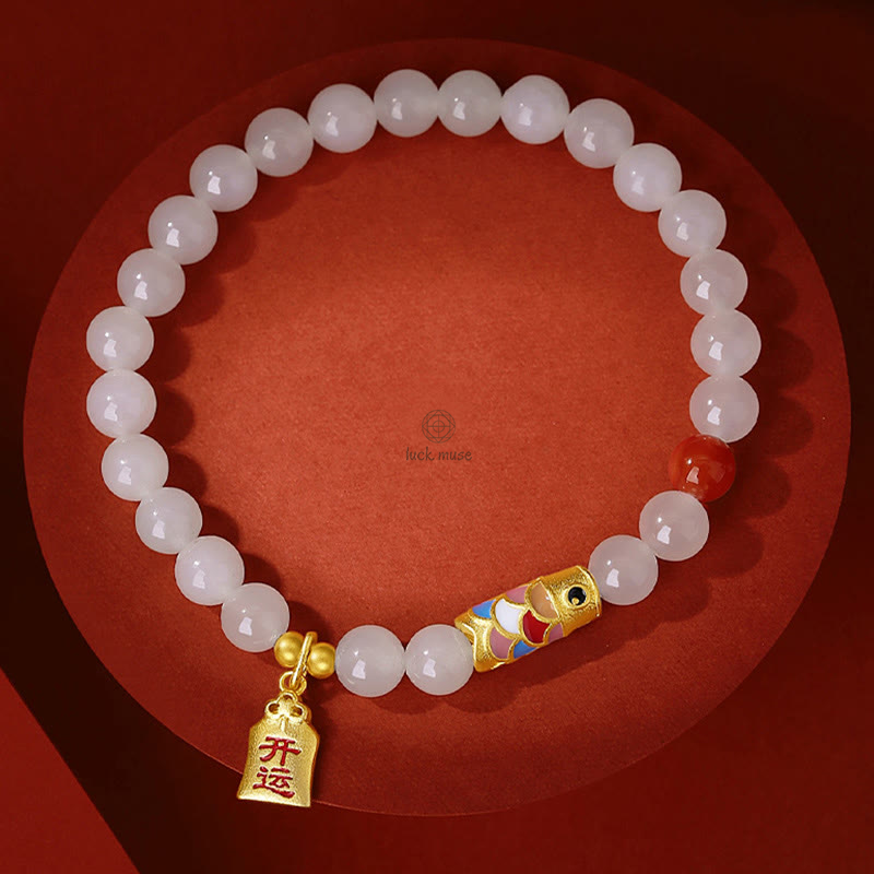 Hetian White Jade and Red Agate Koi Fish Luck Bracelet in 925 Sterling Silver - Image 7