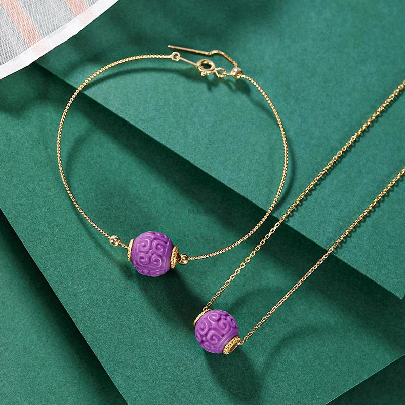Luck Muse 925 Sterling Silver Gold-Plated Natural Purple Mica Stone Relief Jewelry Set