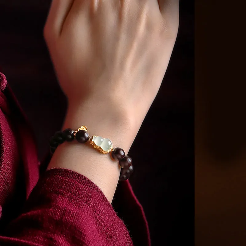 Luck Muse Small Leaf Red Sandalwood Gourd Jade Relaxation Bracelet - Image 11