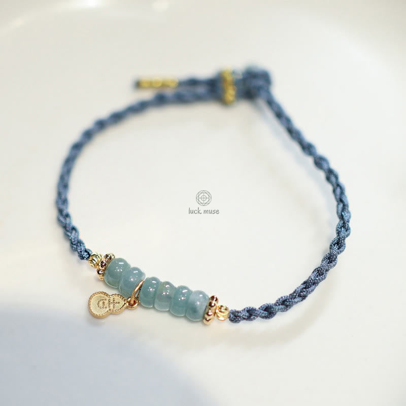 Luck Muse 925 Sterling Silver Natural Jade Gourd Rutilated Quartz Fu Character Lucky Braid Bracelet - Image 2