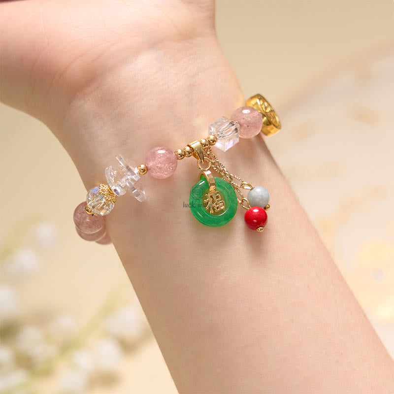 Luck Muse Strawberry Quartz and Jade Fu Character Charm Bracelet for Healing - Image 4