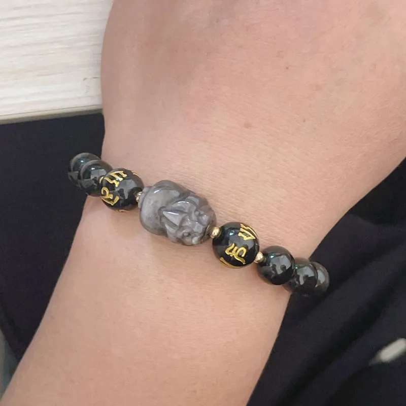 Silver Sheen Obsidian Luck Muse Bracelet with Om Mani Padme Hum Pixiu Protection - Image 4