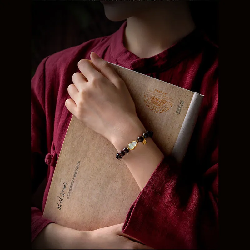Luck Muse Small Leaf Red Sandalwood Gourd Jade Relaxation Bracelet - Image 12