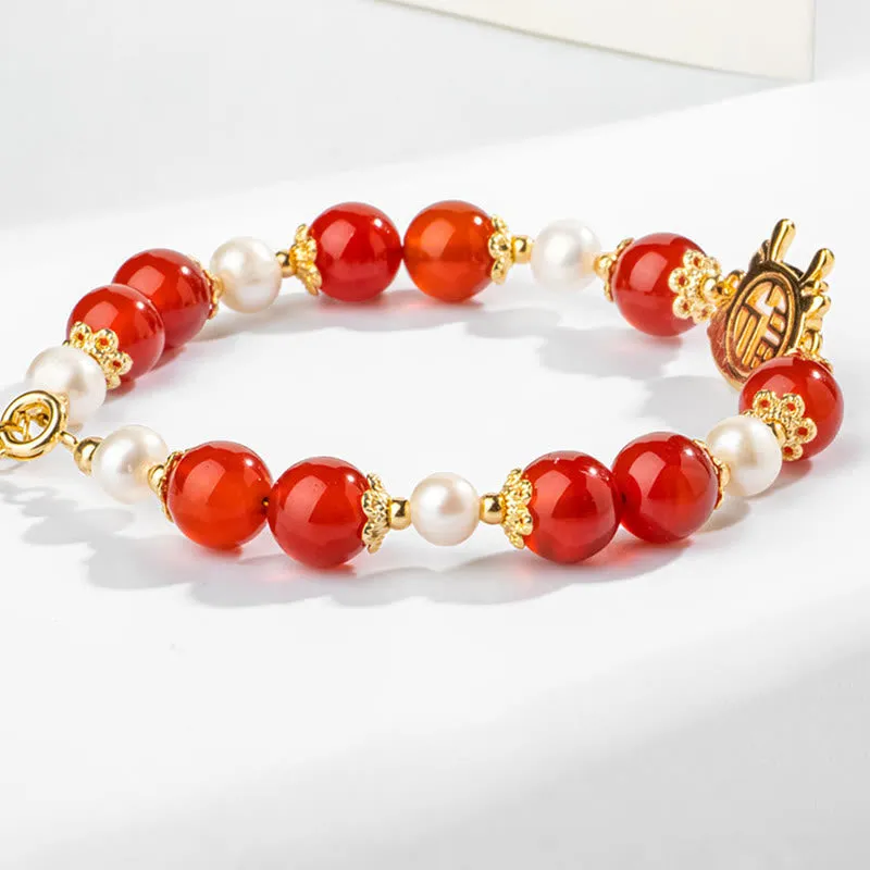 Luck Muse Year of the Dragon 14K Gold-Plated Red Agate Pearl Fu Character Chain Bracelet - Image 6