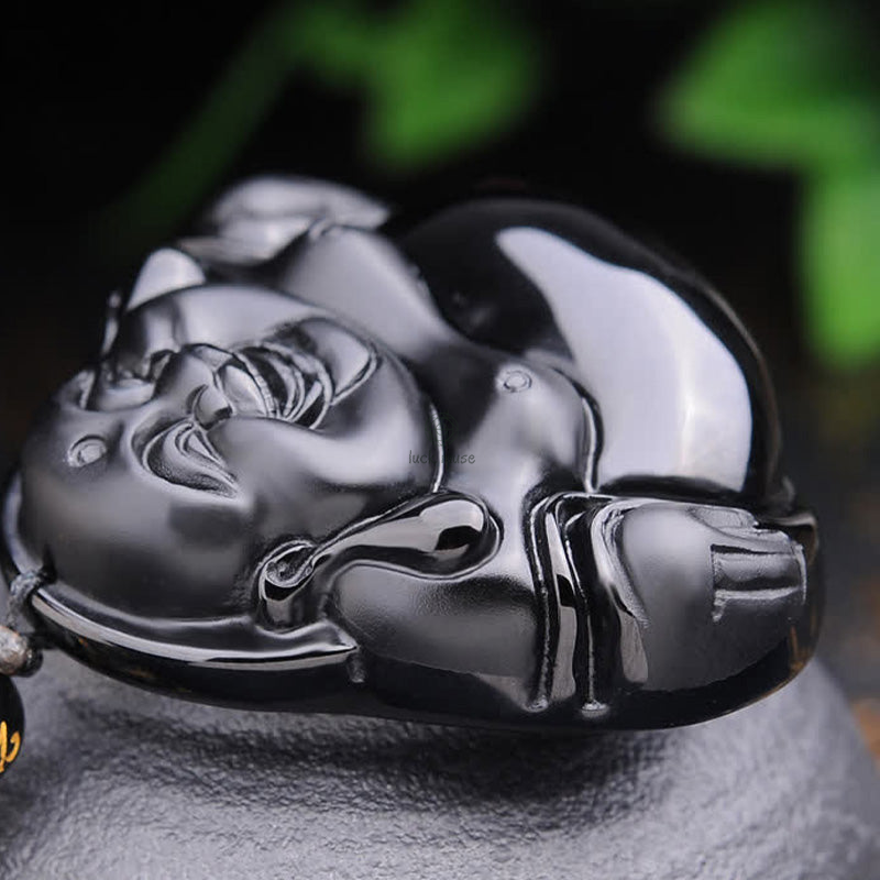 Laughing Buddha Black Obsidian Pendant Necklace - Luck Muse Transformation Collection - Image 6
