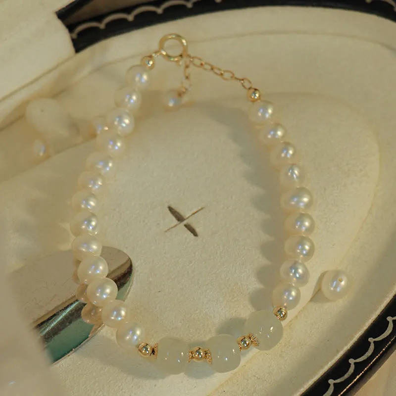 Luck Muse 14K Gold Plated Sincerity Bead Chain Bracelet with Natural Pearl, Hetian Cyan Jade, and White Jade - Image 14