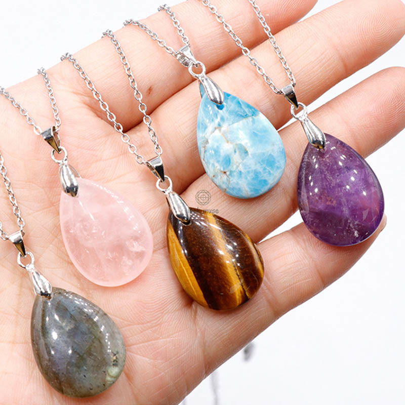 Luck Muse Natural Crystal Gemstone Water Drop Necklace Pendant - Image 44