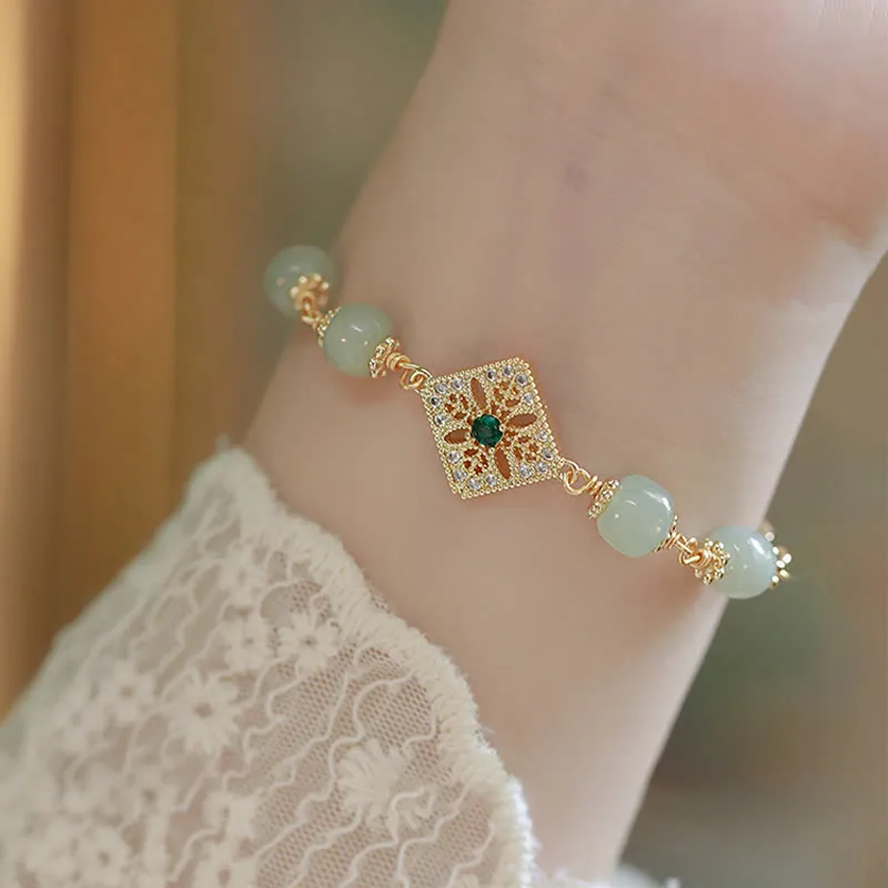 Natural Hetian Jade Square Pattern Luck Chain Bracelet