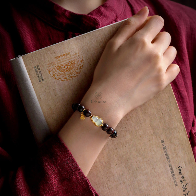 Luck Muse Small Leaf Red Sandalwood Gourd Jade Relaxation Bracelet - Image 6