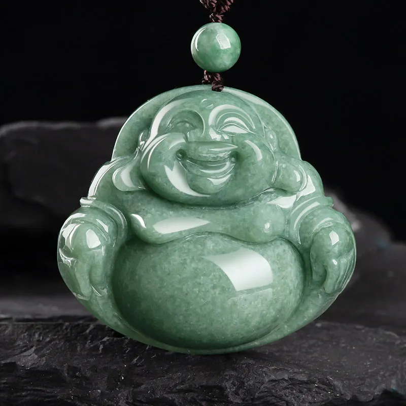 Laughing Buddha Cyan Jade Harmony Necklace with Beaded Pendant