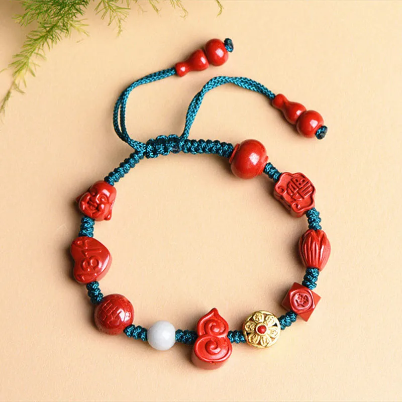 Luck Muse Natural Cinnabar Gourd Laughing Buddha Blessing Bracelet - Image 2