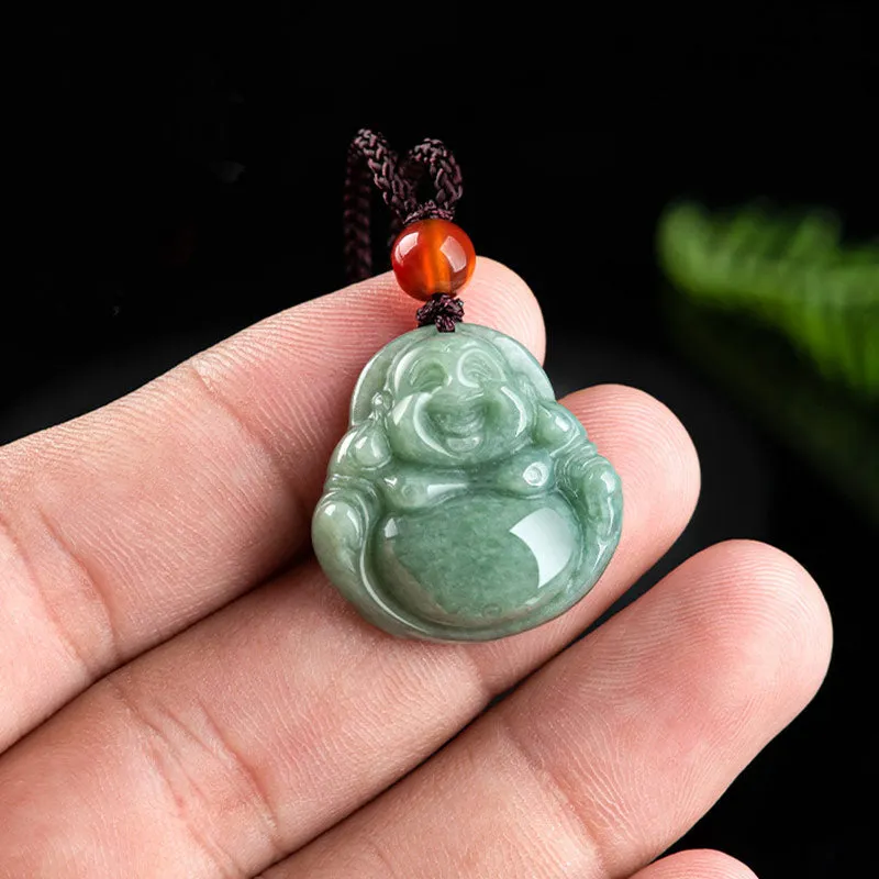 Laughing Buddha Cyan Jade Success Pendant Necklace - Image 4