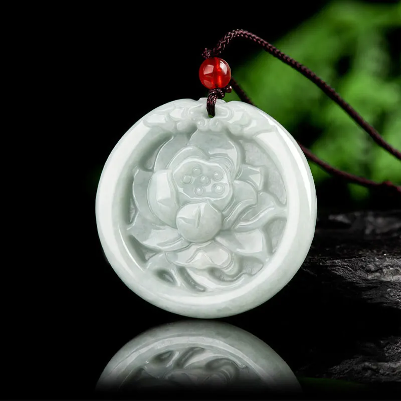 Natural Jade Lotus Flower Carved Necklace Pendant - Image 2