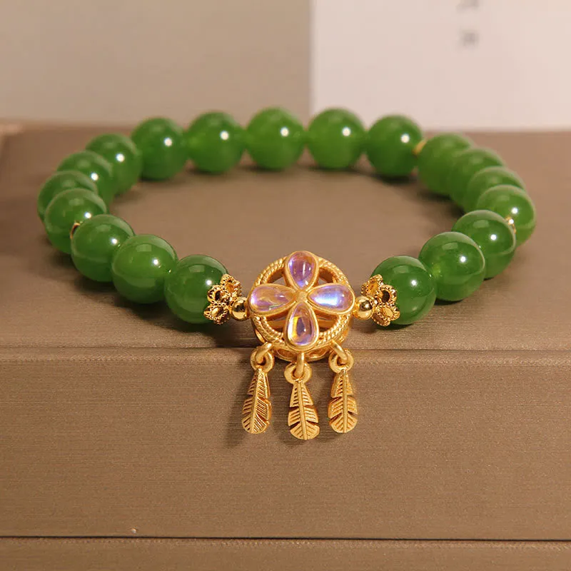 Natural Green Jade Dreamcatcher Four Leaf Clover Luck Bracelet crafted by Luck Muse Shop