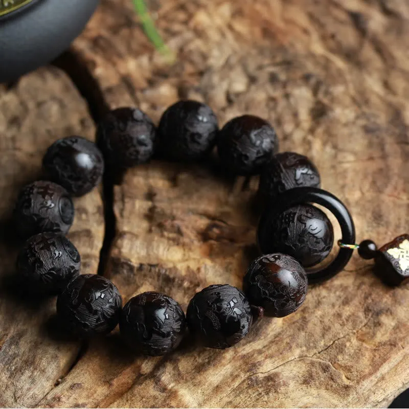 Yin Yang Engraved Ebony Wood Gourd Bracelet with Chinese Characters - Image 4