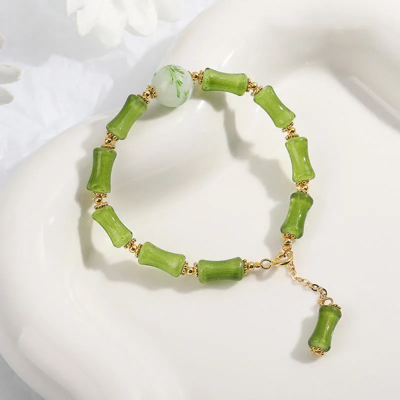 Green Bamboo Pattern Liuli Crystal Moss Agate Bracelet - Image 2