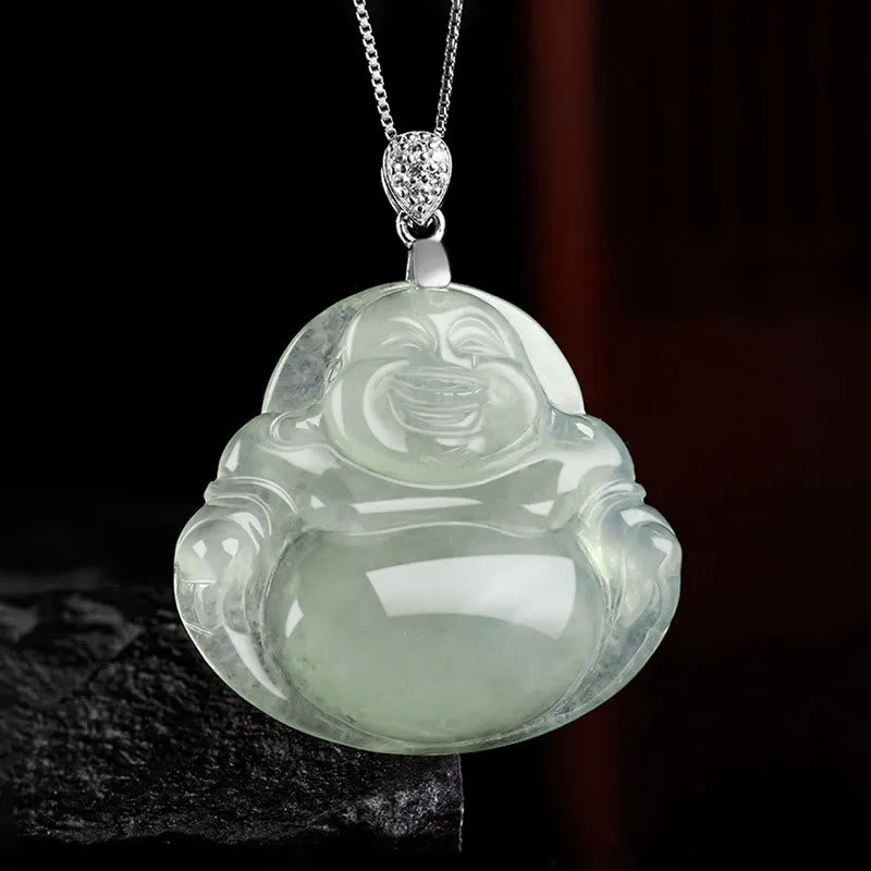 Luck Muse Laughing Buddha 925 Sterling Silver Jade Necklace Pendant for Prosperity and Abundance - Image 2