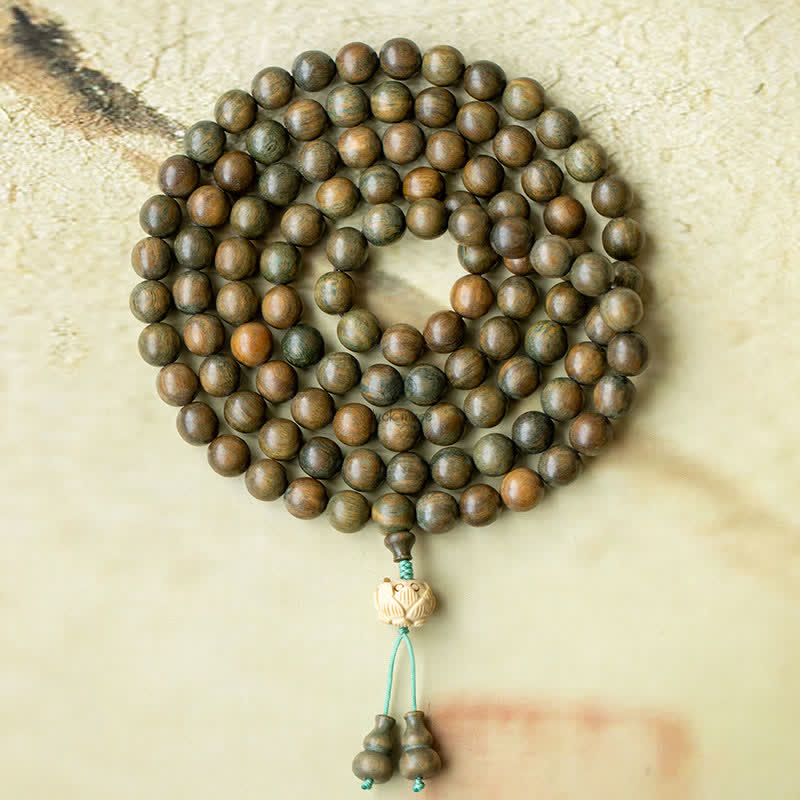Luck Muse 108 Mala Beads Bracelet with Green Sandalwood Boxwood Lotus Design - Image 11