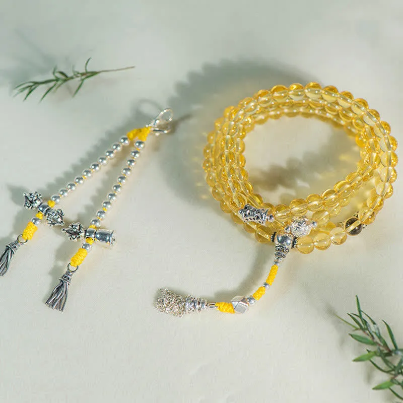 Luck Muse 108 Mala Beads Bracelet with 925 Sterling Silver, Natural Citrine, Red Agate, and White Jade Prosperity Charm - Image 24