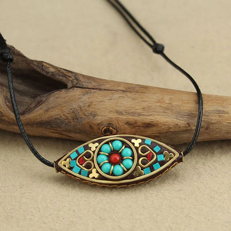 Tibet Turquoise Bead Necklace Pendant with Marquise Pattern for Protection and Strength - Image 3