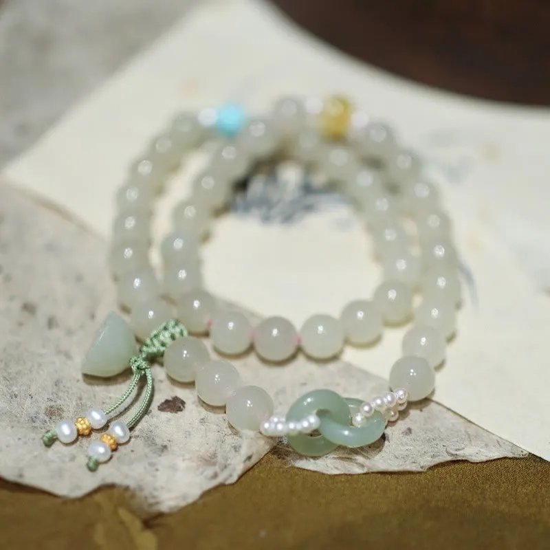 Luck Muse 925 Sterling Silver Hetian Jade Double Wrap Bracelet with Lotus Luck Buckle