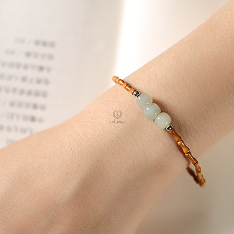 Bamboo Pattern Hetian Jade Beads Luck Bracelet with Luck Muse and Olive Pit - Natural - Image 5
