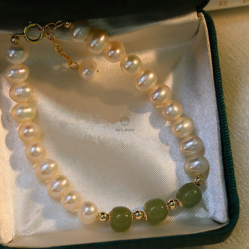 Luck Muse 14K Gold Plated Sincerity Bead Chain Bracelet with Natural Pearl, Hetian Cyan Jade, and White Jade - Image 4