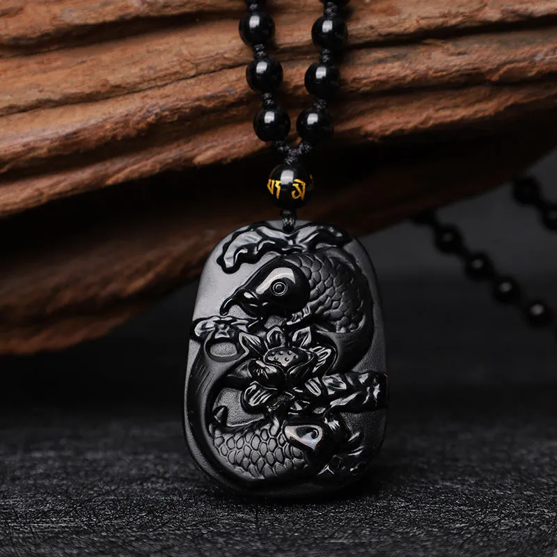 Natural Black Obsidian Koi Fish Lotus Strength Beaded Necklace - Image 2