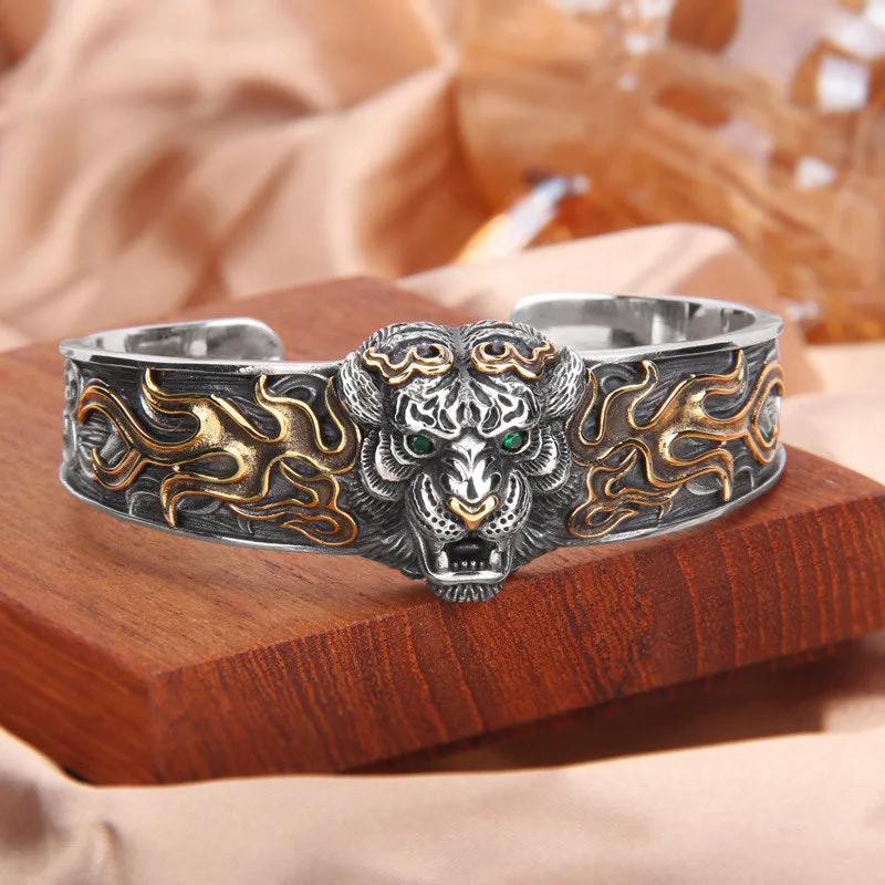 Luck Muse 925 Sterling Silver Tiger Zodiac Bracelet Bangle for Protection Against Evil Spirits
