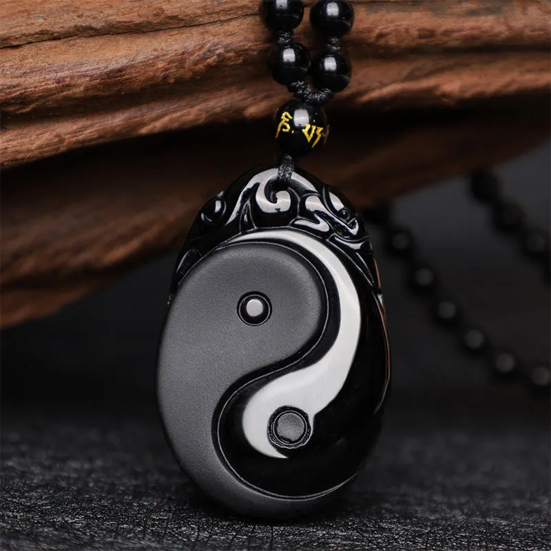 Natural Black Obsidian Yin Yang Fulfillment Strength Necklace - Image 2
