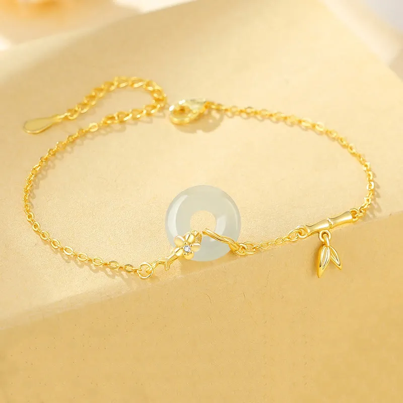 Bamboo Leaf Prosperity Chain Bracelet with 925 Sterling Silver, Hetian Jade, and Chalcedony Peace Buckle by Luck Muse Shop - Image 3