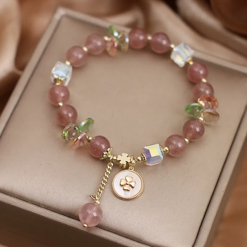 Luck Muse Strawberry Quartz Four Leaf Clover Bracelet with Healing Charm - Image 4